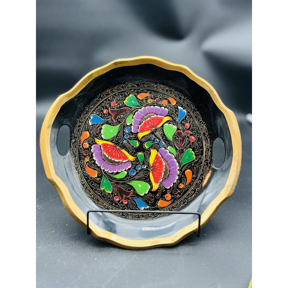 Mexican Batea Wooden Multi-Colored Floral Decorative Tray 11”